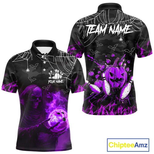 Black Bowling Camo Purple flame Skull Custom Halloween Bowling Shirts For Men, Bowling Team Jerseys NQS10706