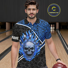 Load image into Gallery viewer, Black and Blue Flame Skull tribal pattern camo Bowling Shirts for Men Custom Bowling Team Jersey NQS10916