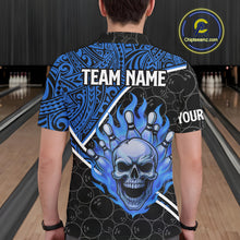 Load image into Gallery viewer, Black and Blue Flame Skull tribal pattern camo Bowling Shirts for Men Custom Bowling Team Jersey NQS10916