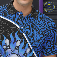 Load image into Gallery viewer, Black and Blue Flame Skull tribal pattern camo Bowling Shirts for Men Custom Bowling Team Jersey NQS10916