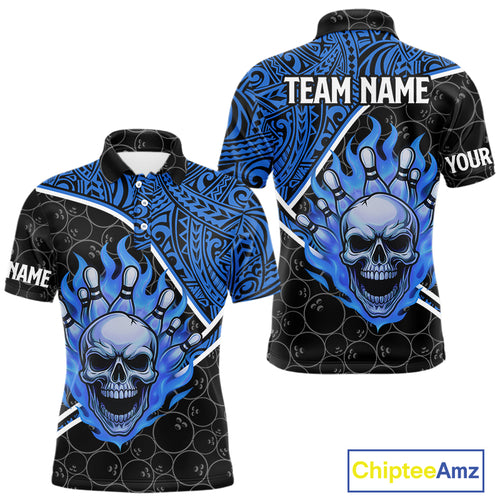 Black and Blue Flame Skull tribal pattern camo Bowling Shirts for Men Custom Bowling Team Jersey NQS10916