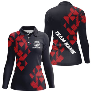 Black and Red Argyle Pattern Bowling Polo, Quarter Zip Shirts For Women Custom Bowling Team Jerseys NQS9001