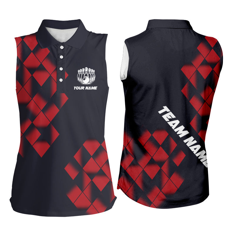 Black and Red Argyle Pattern Bowling sleeveless polo Shirts For Women Custom Bowling Team Jerseys NQS9001