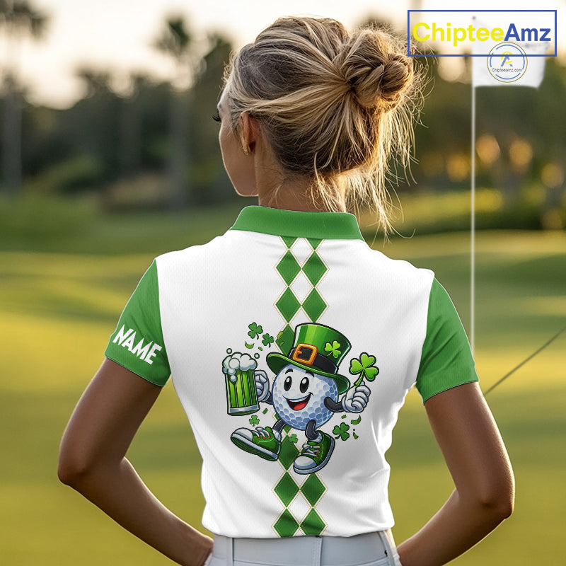 White and Green argyle pattern Women Golf polo shirts Custom funny St Patrick day ladies golf outfit NQS11296