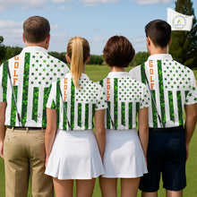Load image into Gallery viewer, White, Green and Orange shamrock American Flag Mens Golf polo shirts Custom St Patrick golf outfit NQS11297