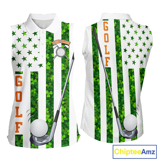 White, Green and Orange shamrock American Flag Sleeveless polo shirts Custom St Patrick golf outfit NQS11297