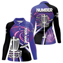 Load image into Gallery viewer, Black and Purple Women Disc golf polo shirts custom name and number team disc golf jerseys NQS9586