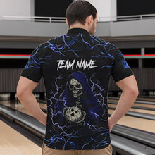 Load image into Gallery viewer, Black and Blue Lightning Thunder Skull reaper Bowling Shirts For Men Custom Bowling Team Jerseys NQS9590