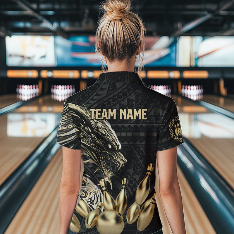 Black and Gold Dragon Tribal Bowling Polo, 1/4 Zip Shirts For Women Custom Retro Bowling Team Jerseys NQS9591