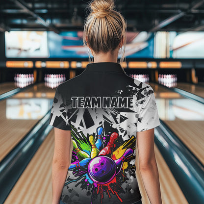 Colorful bowling jersey Polo, 1/4 Zip Shirt for Women Custom Bowling Team shirts for bowler| White NQS9729