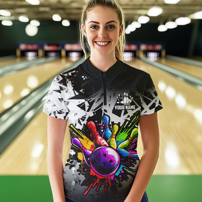 Colorful bowling jersey Polo, 1/4 Zip Shirt for Women Custom Bowling Team shirts for bowler| White NQS9729