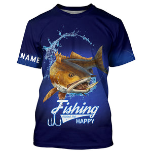 Fishing Makes Me Happy Redfish Puppy Drum Fishing Customized Name 3D All Over printed Shirts NQS301
