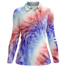 Load image into Gallery viewer, Womens golf polo shirt custom name colorful red white and blue tie dye pattern team womens golf tops NQS5531