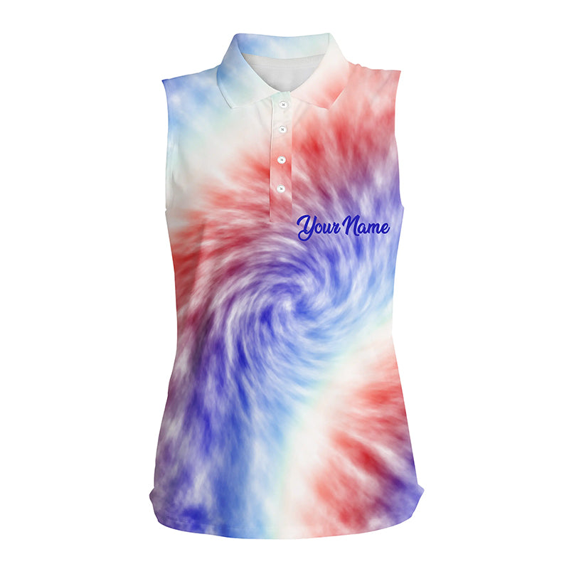 Womens sleeveless polo shirt custom colorful red white and blue tie dye pattern team womens golf tops NQS5531