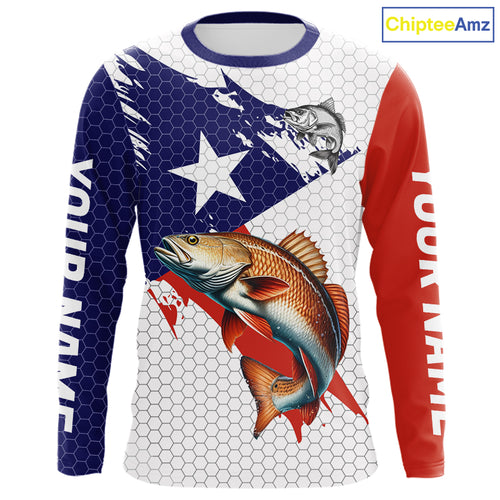 Red, White and Blue Texas Flag Redfish Fishing custom Redfish long sleeves performance fishing shirts NQS10001