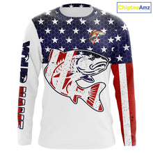 Load image into Gallery viewer, Red, White and Blue American Flag Redfish Fishing custom patriotic Redfish performance fishing shirts NQS10002