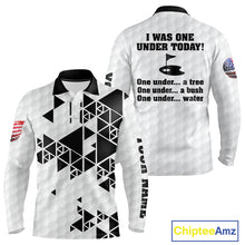 Load image into Gallery viewer, Funny Mens golf polo shirts black and white custom I was one under today, under a tree, bush, water NQS10164