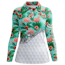 Load image into Gallery viewer, Personalized green tropical pink flamingo pattern Womens golf polo shirts custom ladies golf tops NQS5990