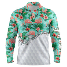 Load image into Gallery viewer, Personalized green tropical pink flamingo pattern mens golf polo shirts best mens golf wears NQS5990