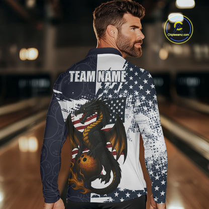 Red, White and Blue American Flag Dragon Bowling Shirts For Men Custom Patriotic Bowling Team Jersey NQS10294
