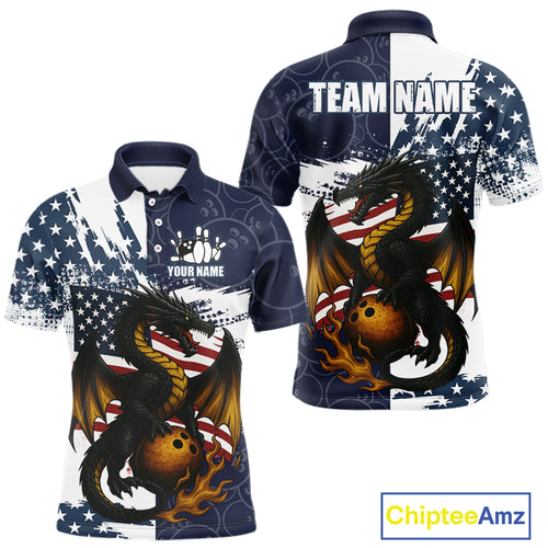 Red, White and Blue American Flag Dragon Bowling Shirts For Men Custom Patriotic Bowling Team Jersey NQS10294