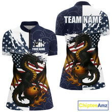 Load image into Gallery viewer, Red, White and Blue American Flag Dragon Bowling Shirt For Women Custom Patriotic Bowling Team Jersey NQS10294