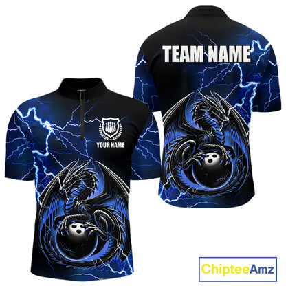 Personalized Black And Blue Thunder Lightning Dragon Bowling Shirts For Men, Bowling Team Uniform NQS10295