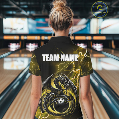 Personalized Black And Yellow Thunder Lightning Dragon Bowling Shirts For Women, Bowling Team Uniform NQS10297