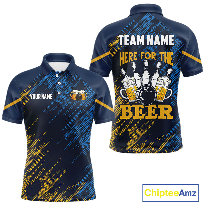 Blue and Yellow Pattern Bowling Shirt For Men Custom Here For The Beer Funny Bowling Tournament Shirt NQS10717