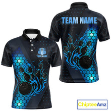 Load image into Gallery viewer, Black and Blue Flame Bowling Polo, 1/4 Zip Shirts for Men Custom Bowling Team Jersey Bowler Outfit NQS10925