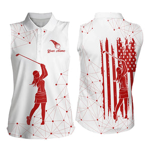 Red and White Pattern American Flag Women Sleeveless Polo Shirt custom patriotic golf attire for girl NQS9243