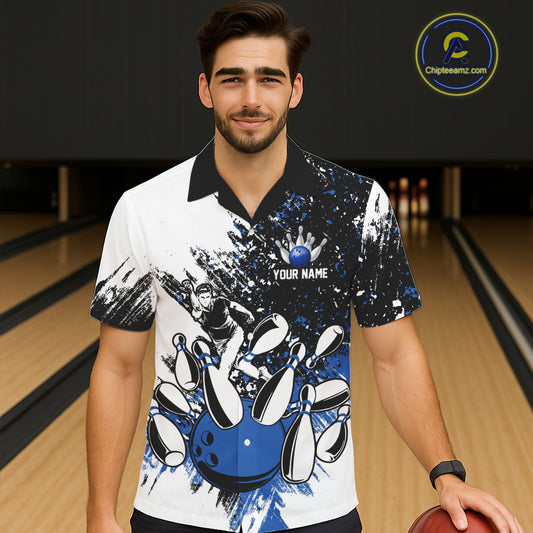 Black & White Women Bowling Hawaiian Shirt Custom bowling button up shirt, bowling outfit | Blue NQS11305