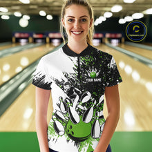 Load image into Gallery viewer, Black &amp; White Women Bowling Polo, 1/4 Zip Shirts Custom bowling jersey, girls bowling outfit | Green NQS11306
