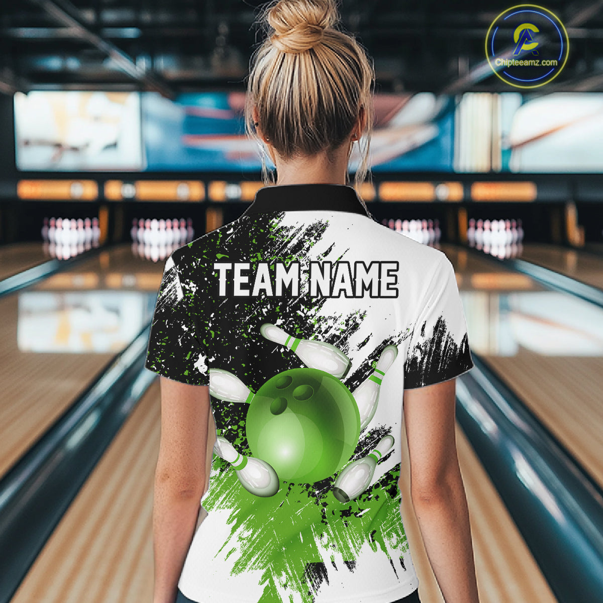 Black & White Women Bowling Polo, 1/4 Zip Shirts Custom bowling jersey, girls bowling outfit | Green NQS11306