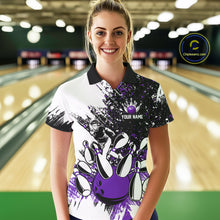 Load image into Gallery viewer, Black &amp; White Women Bowling Polo, 1/4 Zip Shirts Custom bowling jersey, girls bowling outfit | Purple NQS11307