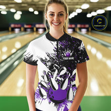 Load image into Gallery viewer, Black &amp; White Women Bowling Polo, 1/4 Zip Shirts Custom bowling jersey, girls bowling outfit | Purple NQS11307