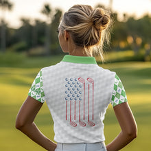 Load image into Gallery viewer, Green argyle pattern American flag white Women golf polo shirts custom patriotic gifts for golf lover NQS9595