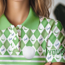 Load image into Gallery viewer, Green argyle pattern American flag white Women golf polo shirts custom patriotic gifts for golf lover NQS9595