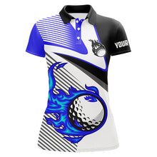 Load image into Gallery viewer, Womens golf polo shirts custom flame golf ball fire golf apparel for ladies, unique golf gifts | Blue NQS7520