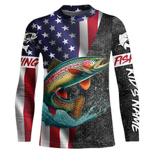 Load image into Gallery viewer, American Flag Rainbow trout Fishing Custom long sleeve performance Fishing Shirt, Trout Fishing jersey NQS7884