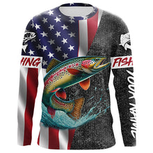 Load image into Gallery viewer, American Flag Rainbow trout Fishing Custom long sleeve performance Fishing Shirt, Trout Fishing jersey NQS7884