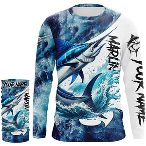 Marlin Fishing blue ocean sea wave camo Custom long sleeve performance fishing jerseys shirts NQS7887