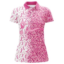 Load image into Gallery viewer, Pink glitter ribbon Womens golf polo shirt custom breast cancer golf shirt for ladies, gift for golfer NQS8106