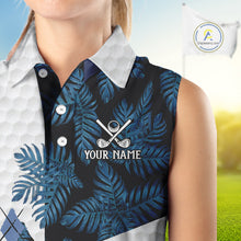 Load image into Gallery viewer, Blue tropical argyle pattern white Women Sleeveless Polo custom ladies golf top, best golf gift NQS10303