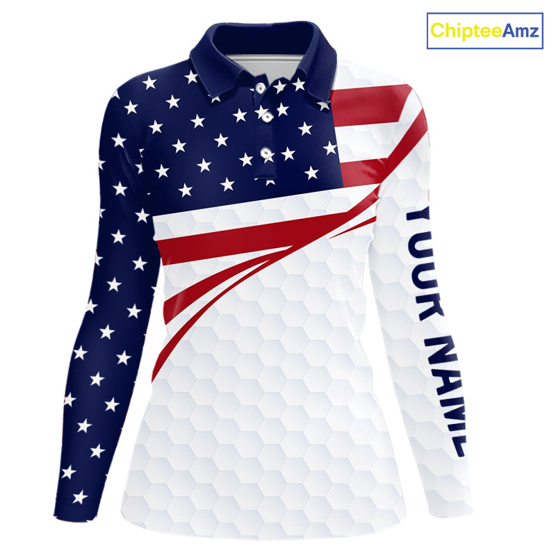 Red, White and Blue American Flag Golf polos shirts for Women custom patriotic ladies golf attire NQS10304
