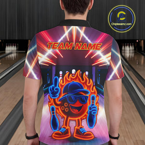 Funny Flame Neon Bowling Ball Mens Bowling Polo, Quarter Zip Shirts Custom Bowling Team jersey NQS10306