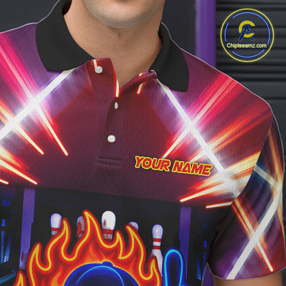 Funny Flame Neon Bowling Ball Mens Bowling Polo, Quarter Zip Shirts Custom Bowling Team jersey NQS10306