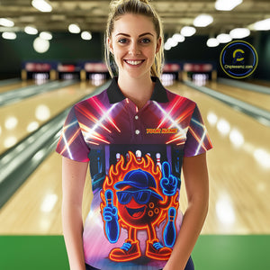 Funny Flame Neon Bowling Ball Women Bowling Polo, Quarter Zip Shirts Custom Bowling Team jersey NQS10306