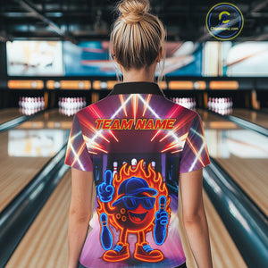 Funny Flame Neon Bowling Ball Women Bowling Polo, Quarter Zip Shirts Custom Bowling Team jersey NQS10306