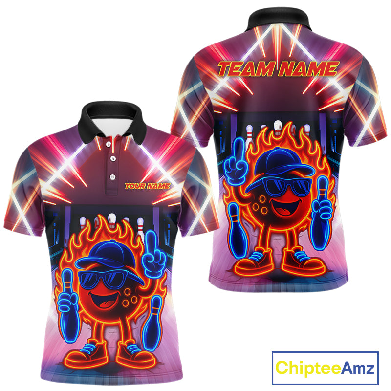 Funny Flame Neon Bowling Ball Mens Bowling Polo, Quarter Zip Shirts Custom Bowling Team jersey NQS10306